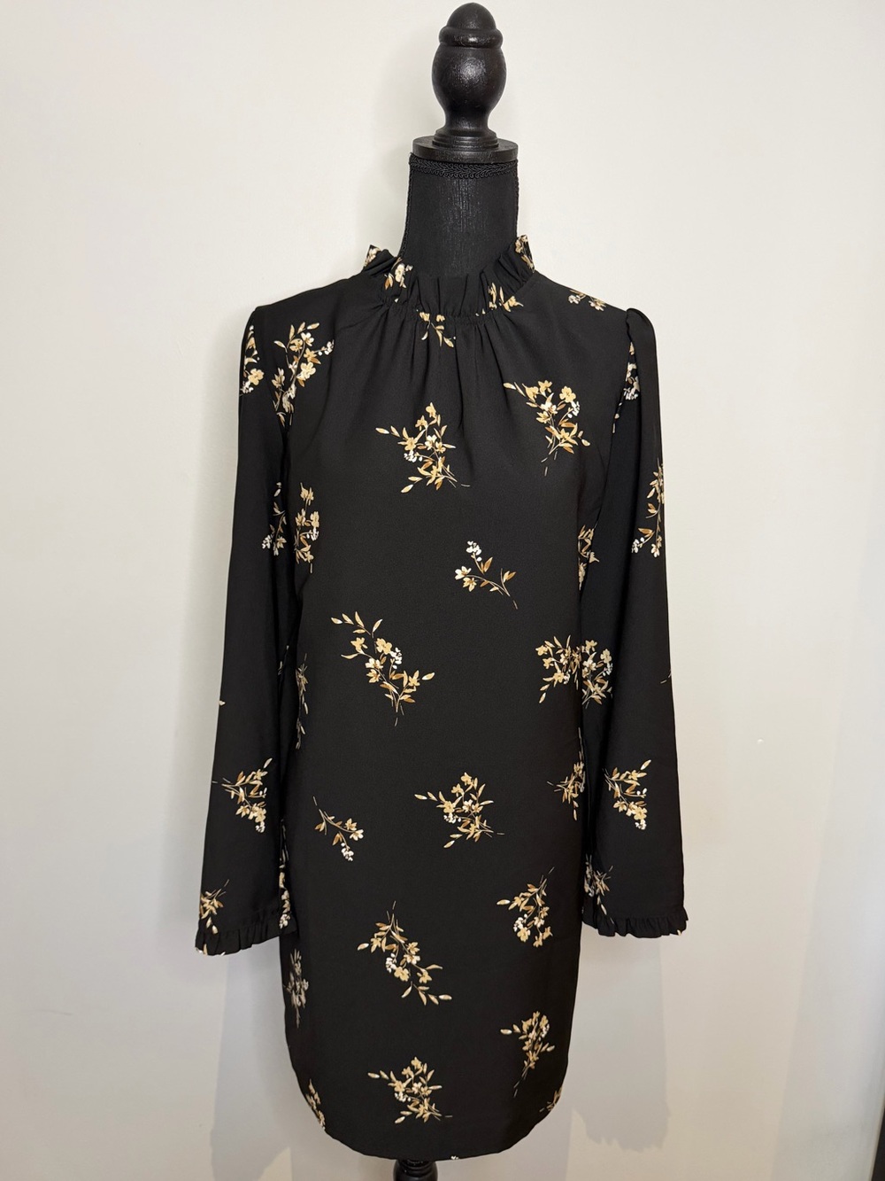 J.Crew Printed Ruffleneck Women’s Black Floral Long Sleeve Dress - Size 12